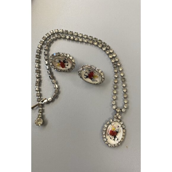 MCM Square Dancing Couple Rhinestone Pendant Necklace & Clip Earring Set Glass - Picture 13 of 13